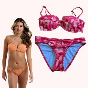 Tropical Coral/Pink Bandeau Bikini With Hipster Low Rise Cheeky Bottoms NWT